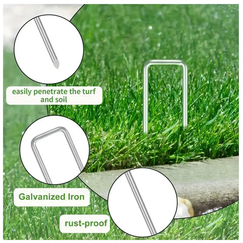100 Pack 6 Inch Garden Stakes Galvanized Landscape Staples For Weed Barrier Fabric Heavy Duty Sod Pins Securing Pegs Ground Sheets Netting And Irrigation Tubing in use on grass