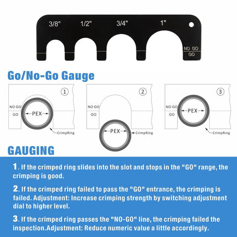 Go/No-Go Gauge from Pro Grade PEX Crimp Tool Kit With Three Eighths Inch Die Sets Copper Crimp Rings PEX Cutter Go No Go Gauge Fits ASTM F1807 Plumbing Installations DIY Friendly Heavy Duty Durable Aluminum Case.