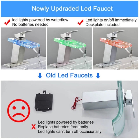 Comparison of LED waterfall bathroom faucet with lit color changing lights, water powered, and glass spout with outdated model