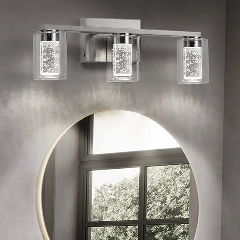 Three Light Brushed Nickel Vanity Light Fixture With Crystal Glass Shades Dimmable LED Bath Vanity Sconce in bathroom