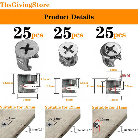 75 Pack Heavy Duty Cam Lock Nuts With Tough As Nails Furniture Connector Hardware Rustproof Zinc Alloy Eccentric Wheel Cabinet Fitting Kit installation details and measurements.