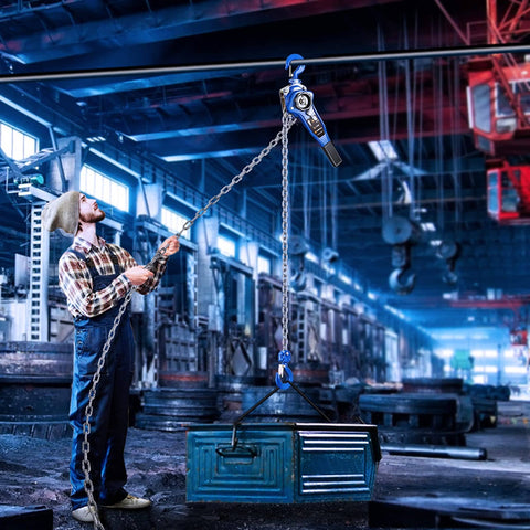 Worker using Lever Chain Hoist 3300 Lbs Capacity, 20 Ft Lift, One And A Half Ton Manual Ratchet Chain Puller in industrial setting