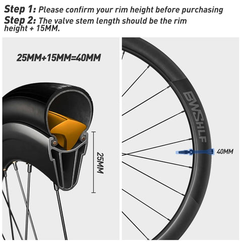 Cross-section view of BWSHLF tubeless Presta valve stem on rim, 40mm length.
Installed blue BWSHLF tubeless Presta valve stem on rim, 40mm length.