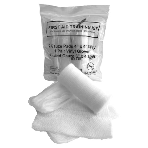 MCR Medical First Aid Training Kit, Basic; contents shown: 2 gauze pads, 1 pair vinyl gloves, 1 rolled gauze