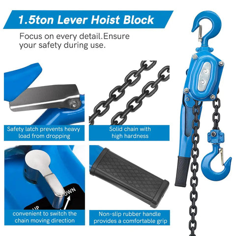 Heavy Duty Workhorse Manual Lever Hoist 3300 Lbs Load Capacity 20 Ft Chain with rotary hooks and safety latch
