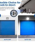 Switchable 60W 100W 120W Outdoor LED Wall Pack with Dusk to Dawn Sensor showing auto on and off options above a garage