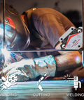 Welder using heavy duty welding magnets for precise angle positioning in metal fabrication with sparks. Arrow-shaped magnet visible.