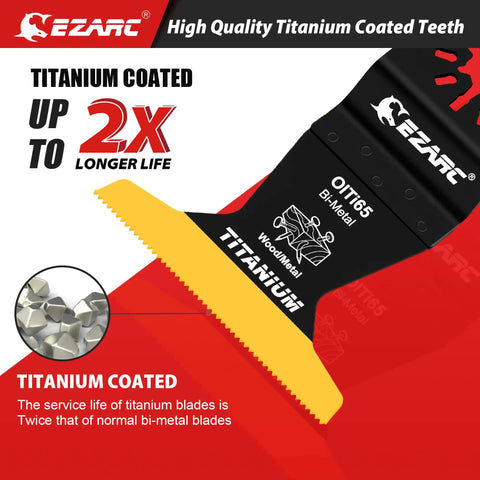 Hella Durable Titanium Coated Oscillating Saw Blades Three Pack showing a titanium coated bi-metal saw blade, ideal for slicing metal and wood.