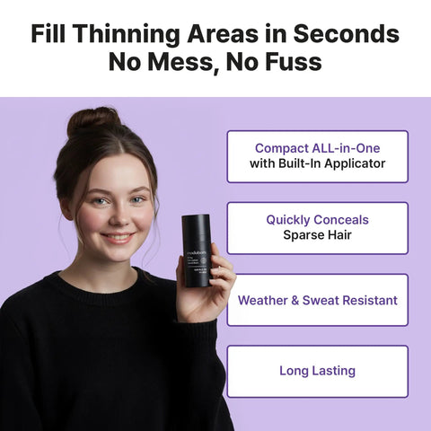 Dark Brown Hair Powder Root Touch Up Stick For Fast Gray Coverage held by a woman in a black sweater against purple backdrop.