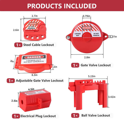 All In One Lockout Tagout Kit With 70 Plus Pieces For Safety Padlocks Hasp Ball And Gate Valve Lockouts Circuit Breaker Locks Plug And Loto Tags Ties And Tool Box Included showing lockout devices with dimensions.