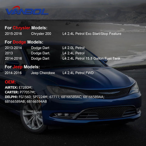 Blue sedan with text listing compatibility for 2015-2016 Chrysler 200, 2013-2014 Dodge Dart, 2014-2016 Jeep Cherokee, and OEM details.