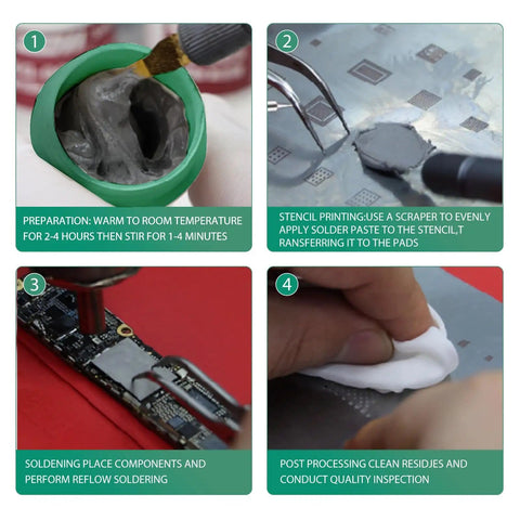 Lead Free No Clean SMD Solder Paste For Phone Repair With Tin 99 Percent Silver 0.3 Percent Copper 0.7 Percent Alloy 217 Degree Celsius High Temperature Bright Weld Point Strong Viscosity 50g Bottle For Quick Clean Joints preparation, application, soldering, and inspection steps.