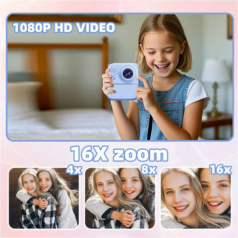 Kid Friendly Instant Print Camera With 1080P Video Includes 3 Print Rolls Inkless Thermal Paper For Safe Printing BPA Free Build One-Touch Snap And Print Durable Fun Camera For Creative Photos And Quick BW Prints, child holding blue camera