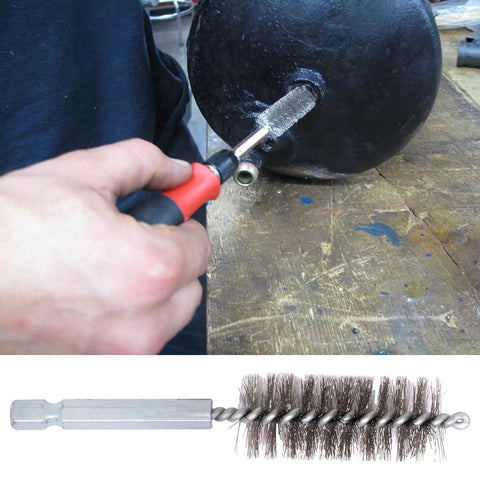 Hand using Stainless Steel Bore Brush Set Two Pack with Three Quarter Inch Hex Shank Twisted Round Wire Brushes for drill cleaning.