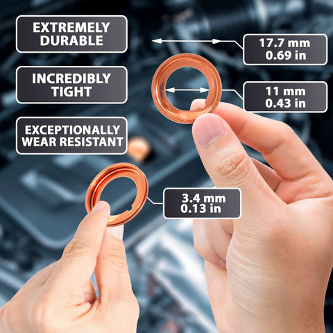 20 Piece 12mm Oil Drain Plug Washer Set Replacement For Nissan And Infiniti OEM 11026-JA00A Equivalent Cross Reference 11026-01F10 11026-01M00 11026-01M01 11026-01M02 11026-JX00A 097134 776327 21258 01140600 12mm ID 21mm OD 1.8mm Thick copper washer in hand