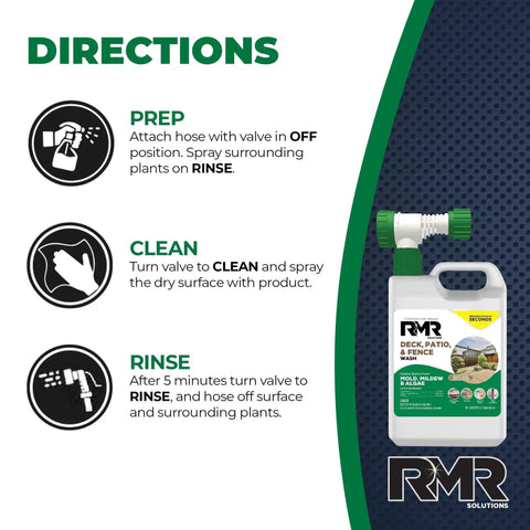 Deck, Patio, And Fence Wash Grime-Busting For Mold, Mildew, And Algae - Commercial-Grade Outdoor Stain Remover, 64 Ounce Bottle With Hose-End Adapter shown with cleaning directions