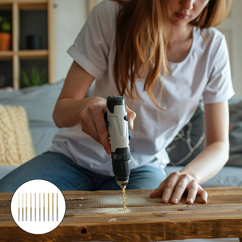 Woman using electric drill with 10 Pack Mini Twist Drill Bit Set 0.6mm To 2.2mm Titanium Coated High Speed Steel Micro Drill Bits for crafting
