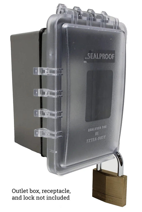 Lockable Weatherproof 1 Gang Outdoor Outlet Cover With Slim Low Profile Design, Plastic Construction, padlock on cover