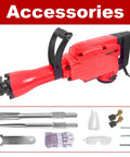 Beast 2200W Electric Demolition Jack Hammer For Concrete And Asphalt Breaker with accessories, chisels, gloves, and safety gear.