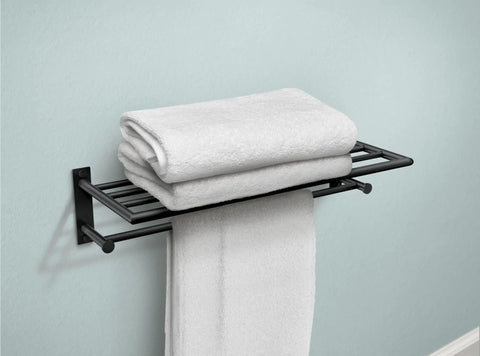 24 Inch Wide Matte Black Towel Storage Shelf With Towel Bar Modern Hotel Style Bathroom Organizer For Towels And Accessories
