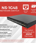 48 Port Gigabit PoE Switch With Six 10G SFP Plus Uplinks, durable metal design, shown on product info sheet with specifications