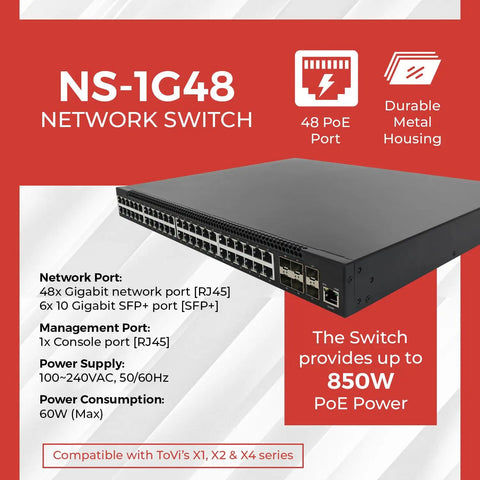 48 Port Gigabit PoE Switch With Six 10G SFP Plus Uplinks, durable metal design, shown on product info sheet with specifications