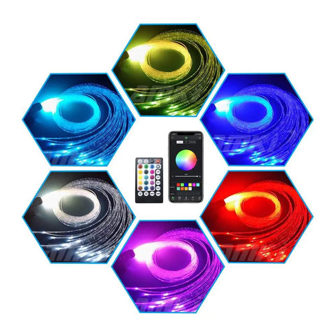 Lit 16W Bluetooth Fiber Optic Curtain Light Kit With RGBW Waterfall Effect showcasing color options and app control in sensory display
