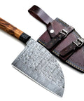 Damascus Steel Chef Knife With 7 Inch Blade And Full Tang A Beast Of A Meat Cutting Knife For Home Barbecue And Outdoor Cooking Razor Sharp Kitchen Tool Leather Sheath Included Perfect For BBQ Camping And Everyday Use on white background with leather sheath visible