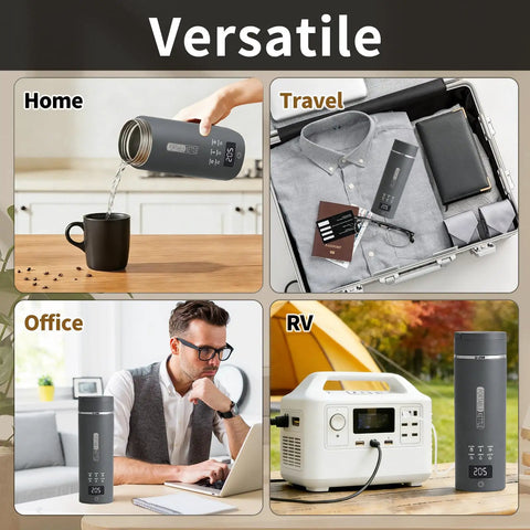 Travel Electric Kettle With 6 Temperature Presets, LCD Display, 304 Stainless Steel, 450ml Capacity shown in home, travel, office, and RV settings.