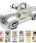Vintage White Farmhouse Truck With 12 Magnetic Sunflower Magnets, Interchangeable Seasonal Metal Pickup Planter For Home Kitchen Shelf Or Office Decor, 13.4 Inch
