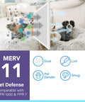 Image showing a MERV 11 air filter in action, blocking dust, smog, and pet dander from reaching pets, featuring product features.