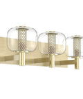 Vintage Refined Bathroom Vanity Light With Brushed Brass Finish, Clear Glass Globe Shades, 21 Inch Three Light G9 Fixture For Bath Or Powder Room, Dual Lampshades With Honeycomb Detail