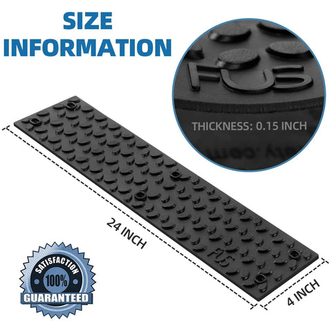 Non Slip Outdoor Stair Treads 4x24 Inch Diamond Textured Rubber Mats for Steps, showing size dimensions and thickness detail.