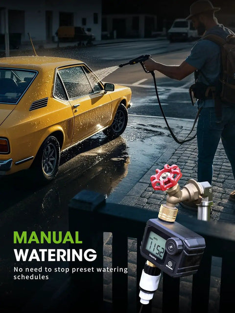 Person using Sprinkler Timer For Garden And Lawn Programmable Irrigation Hose Timer With Rain Delay Manual And Auto Watering Modes