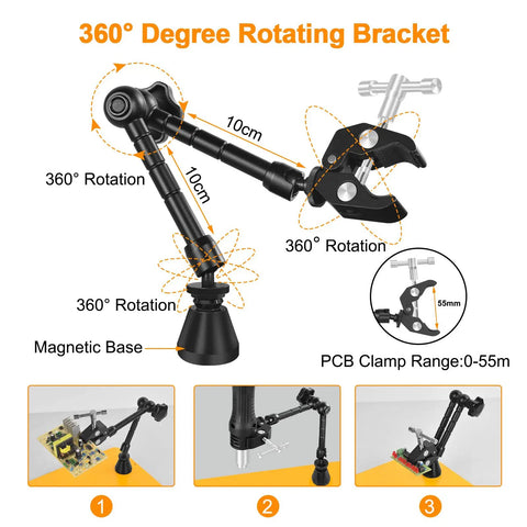 Magnetic Helping Hands Soldering Clamp With 3x Magnifying Lamp showing 360 degree rotating magic arm and clamp details