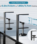 Side view of No Drill Metal Under Desk Cable Tray With Rotating Clamp, fitting desk thickness from 0.2 to 1.85 inches, black.