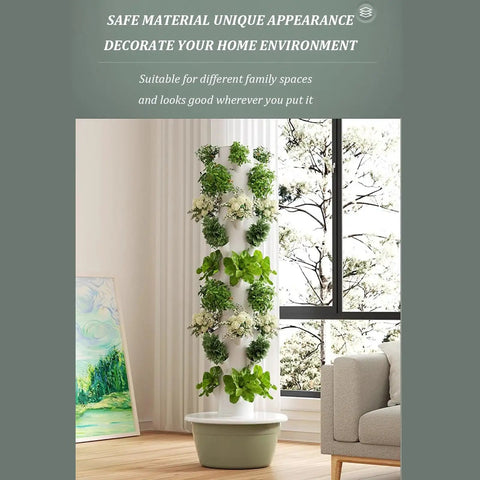 Vertical Hydroponic Tower Garden System For Herbs Fruits And Vegetables No Soil With Hydrating Pump Adapter Net Pots And Timer Indoor Multi Tier Grow Kit 9th Floor Size in living room corner by window with green plants visible