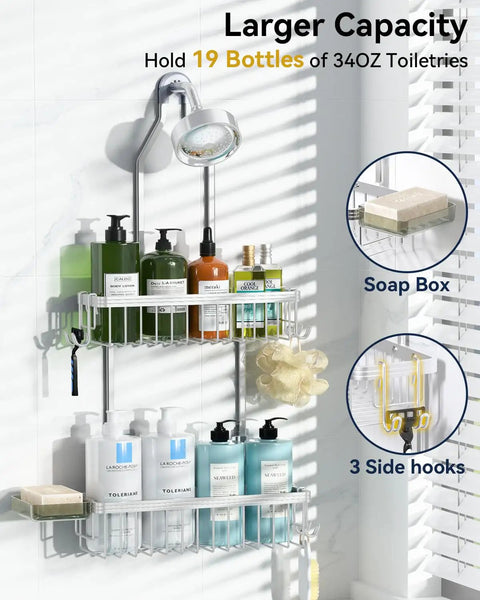 Rustproof Aluminum Shower Caddy Hanging Organizer With Two Tier Baskets Three Removable Hooks And Soap Dish Inside Shower Storage For Razors Shampoo Gel Towels And More In Bright Silver installed under a showerhead holding bottles and accessories.