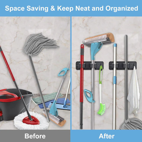 Before and after using 2 Pack Broom Holder Wall Mount With Anti Slip Mop Holder And Self Adhesive Stainless Steel Tool Storage Rack