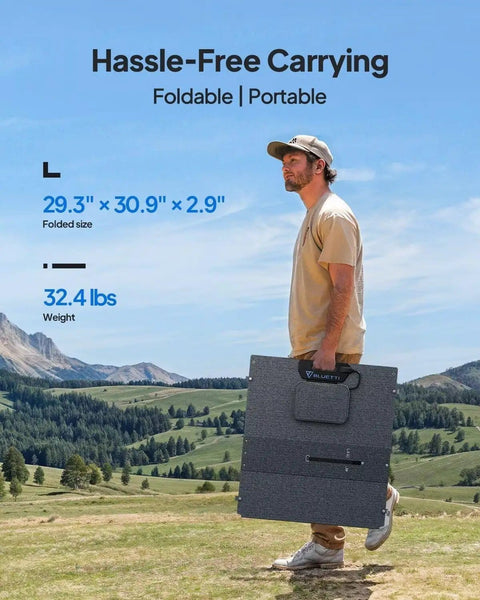 Man carrying Portable Solar Generator Kit With 350W Panel, 1440Wh Power Station, 1800W Continuous Output, folded, outdoors.