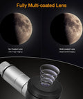 Comparison of moon viewed through a Twelve Point Five Millimeter Illuminated Reticle Plossl Eyepiece With Adjustable Image And Reticle Focus And LED Illumination For Crisp Clear High Contrast Telescope Viewing, showcasing differences in lens coatings.