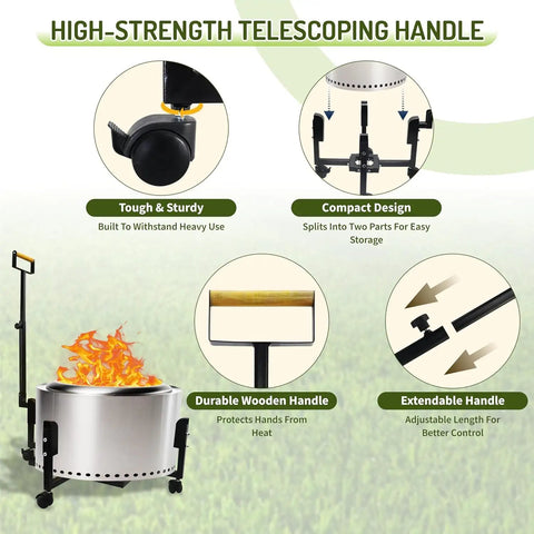 Rolling Fire Pit Stand With Telescoping Handle And Wheels For 27 Inch Smokeless Pits infographic with features descriptions