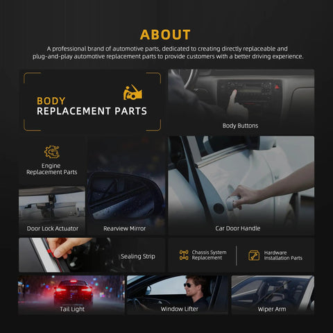 Collage of automotive body replacement parts including door handles, mirrors, and buttons for improved driving experience.