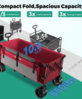 Beefy 550 Lb Heavy Duty 49 Inch Foldable Wagon Cart With Big Wheels The Go To Utility Grocery Wagon For Garden Camping Sports And Outdoor Activities Collapsible Shopping Cart in red with folded examples.