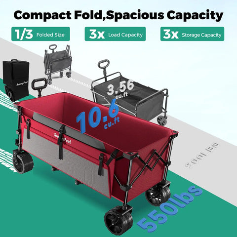 Beefy 550 Lb Heavy Duty 49 Inch Foldable Wagon Cart With Big Wheels The Go To Utility Grocery Wagon For Garden Camping Sports And Outdoor Activities Collapsible Shopping Cart in red with folded examples.