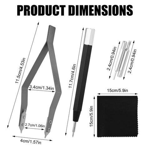 All In One Watch Spring Bar Tool Kit dimensions showing tweezers, scaled pushers, tips, and cleaning cloth.