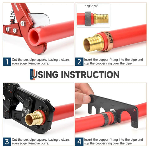 Copper Ring Crimping Tool Kit For F1807 Standards With Interchangeable Jaws showing PEX pipe and fitting insert instructions