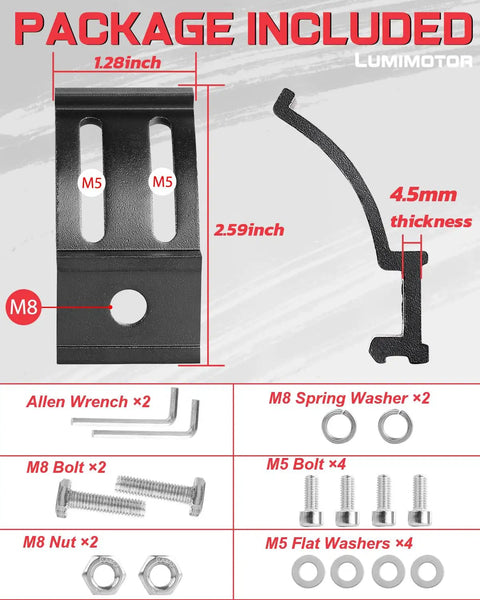 Package contents for 2 Pack Universal Light Bar Mount Brackets Adjustable For LED Pods And Cube Lights up to 54 inches