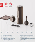 Fino Portable Electric Coffee Grinder With 28 Grind Settings For Espresso To French Press One Button Operation Fast Charge Battery Auto Stop And Clog Protection Grab And Go Travel Ready Everyday Brew shown with accessories