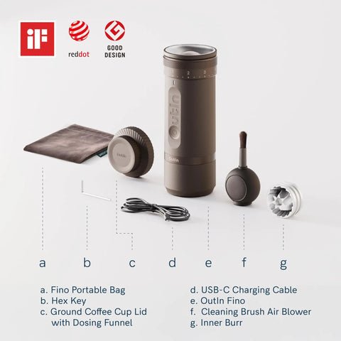 Fino Portable Electric Coffee Grinder With 28 Grind Settings For Espresso To French Press One Button Operation Fast Charge Battery Auto Stop And Clog Protection Grab And Go Travel Ready Everyday Brew shown with accessories